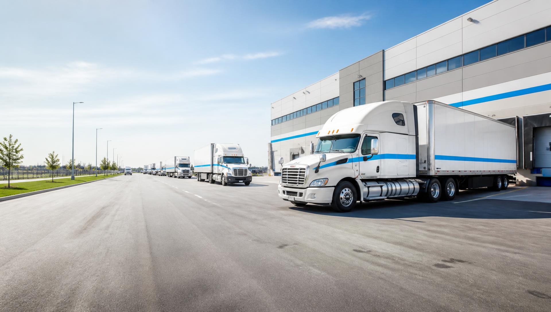 White freight trucks at a modern logistics terminal